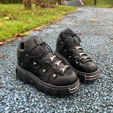 Punk Style Pure Black Unisex Chunky Platform Sneakers Metal Decoration Vintage Light Lace-Up Leather Single Shoes - màu đen - Xem 13