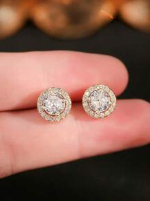 1 Pair Round Cubic Zirconia Decor Stud Earrings For Women Wedding Dresses Dating Gift - Gold - View 4