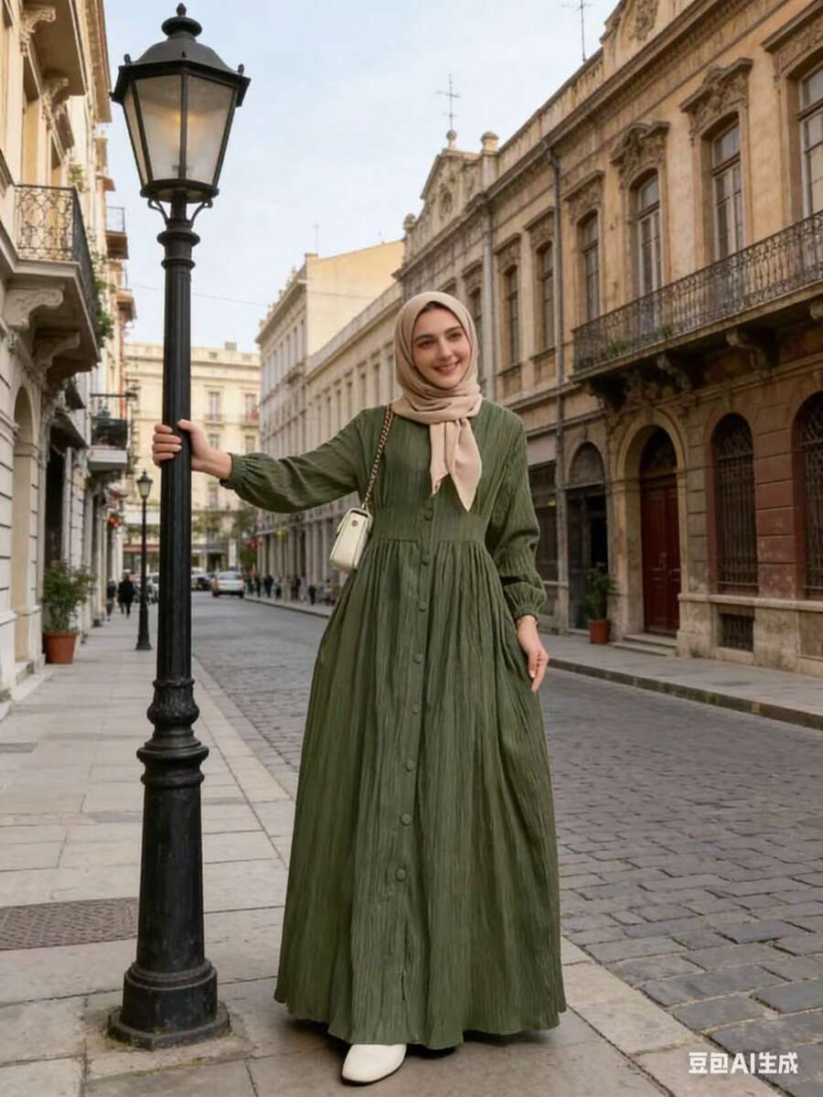 Women's Solid Color Long Sleeve Single-Breasted Casual Arabic Dress Spring - Green - View 1