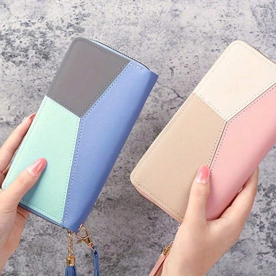 Cartera larga estilo coreano chic: amplio tarjetero con bolsillo para teléfono, costuras en contraste y compartimento para dinero con cremallera. Un accesorio elegante y práctico para mujer. - Azul - Ver 1