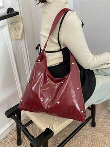 Fashionable Retro PU Leather Rivet Decor Shoulder Bag/Crossbody Bag/Women's Casual Handbag, Suitable For Commuting To Work, Solid Color Bag, Vintage Style Women Bag - Red - View 7