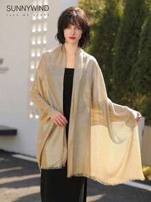 1 Piece Of Women's Solid Color Polyester Elegant Gold-Thread Scarf, Suitable Attending Parties. - Gold - View 2