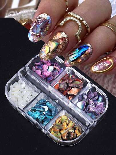 6 Compartments Asymmetric Nail Art Decorations, Mixed Colorful Rhinestones Nail Jewelry, Nail Salon DIY Supplies For Women & Girls