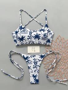 2pcs Casual Elegant Sexy Bohemian Leopard Star Print Tie-Up Crochet Contrast Trim Bikini Swimwear, Beach Holiday, Spring/Summer - Blue - View 2