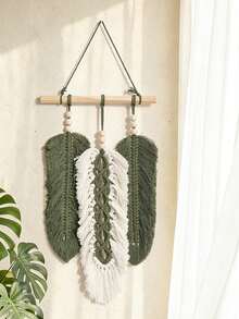 1pc Boho Style Sola Wood Hanging Decor, Woven Feather Wall Art, Rustic Home Decor, Handmade Nordic Wall Ornament, Neutral Green And Beige, Suitable For Living Room, Bedroom, Entryway, Corridor, Apartment, Dorm, Balcony, Studio, Seasonal Home Decor, Housewarming Wedding Party Decoration Gift - Multicolor - View 3