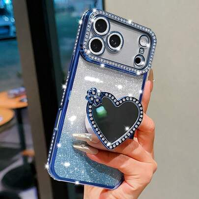 럭셔리 글리터 카메라 다이아몬드 메이크업 미러 하트 모양 반지 홀더 그라데이션 스팽글 코팅 폰 케이스 아이폰 17 프로 맥스 에어 16 15 14 13 12 11 프로 맥스 XR X XS 맥스 8 7 6s 플러스 SE2 3 호환, 걸 및 소녀를 위한 오렌지/실버/핑크 홀더 디자인