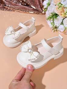 Giày búp bê Mary Jane thanh lịch cho bé gái với nơ ngọc trai - Khóa điều chỉnh, chất liệu giả da bền chắc, giày thời trang dự tiệc và đi hàng ngày cho trẻ em. - trắng - Xem 1