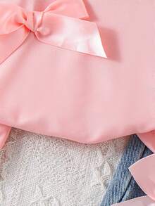 2pcs Baby Girl Casual Fashion 3D Bow Pink Short Sleeve T-Shirt Top And Bow Denim Long Pants Set - Pink - View 5