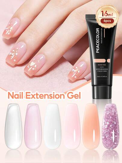  PEACECOLOR 16ml Nail Extension Gel Kit, 6pcs Set Quick Building Polymer Gel Requires UV LED Curing, Long-Lasting And Durable For Home Manicure Salon Nail Art French Manicure