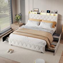 Caluself 90/140/60 X 200 Cm Bed Frame, Single Bed With 2 Drawers, Double Bed With 4 Drawers, Upholstered Bed, Youth Bed Frame, Drawer Bed, Velvet - 米色 - 查看 2