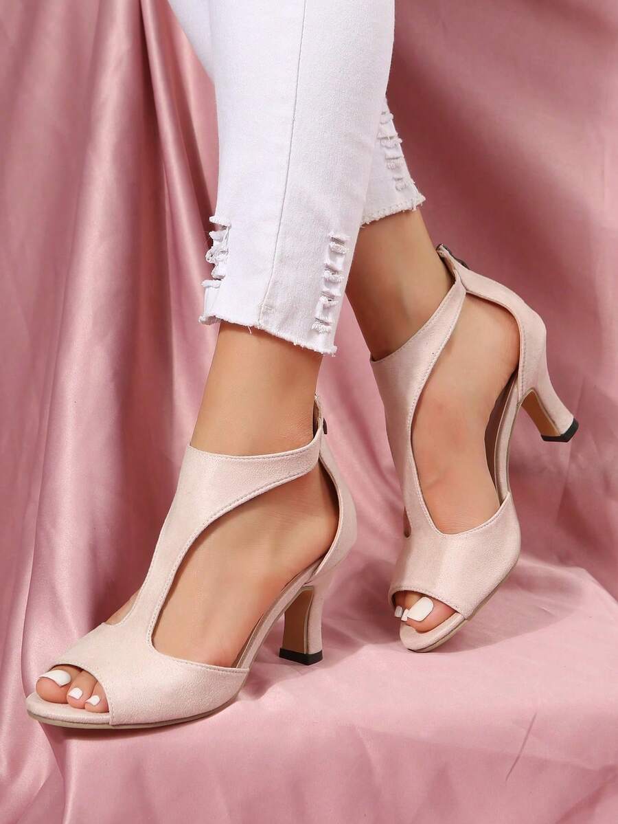 Women's Peep Toe Chunky Heel Sandals T-Strap Ankle Buckle Back Zipper Dress Shoes Sandalias De Mujer Elegante Tenis Tenis Para - 粉色 - 查看 1