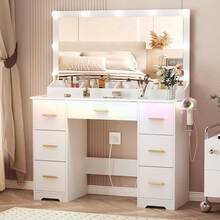 Vanity Desk With 38" Large Mirror And 9 LED Lights & Glass Top And Power Outlet, Adults Makeup Vanity With Chair And 7 Storage Drawers, Dressing Table Set For Bedroom, Modern White - 白色 - 查看 1