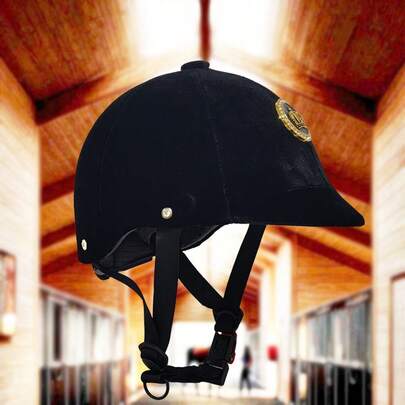 1pc Black Velvet Equestrian Helmet With Gold Crown Badge, ABS Reinforced Shell, Adjustable Fit, For Horse Riding Activities, Equestrian Training, Competitions Or Outdoor Riding