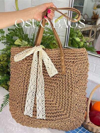 1pc New Straw Shoulder Bag, Casual Vacation Style Beach Bag With Large Capacity And Lining, Khaki/Beige, Suitable For Shopping, Vacation, Beach, Comes With Decorative Scarf