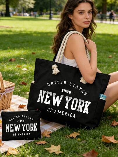 Tote Bag Set–"New York"Gradient Ink Painting Effect,Large Capacity Shoulder Bag & Matching Small Pouch,Durable Reusable Shopping Bag For Daily Use, Church Outings, Travel & Work, Travel Tote Bag, Vacation Storage Bag, Large Capacity Shoulder Bag, Suitable For Beach Sunbathing, Picnicking, Camping, Travel, Gym, Pool Bag, Beach Bag, Women's Weekend Bag, Reusable Shopping Bag Or Daily Business Travel
