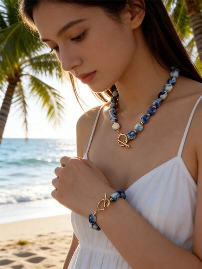 Japan And Korea Fashion Vintage Bohemian Style Ceramic Blue Irregular Stone Beaded Necklace ,Beaded Bracelet Suitable For Daily Wedding Dinner Beach Party Summer Vacation