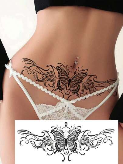 1pc Temporary Tattoo Sticker, Sexy Butterfly Waist Tattoo, Waterproof Black Fake Tattoo Sticker For Women, Floral Tattoo Lasts 3-5 Days, Body Decorative Sticker Can Cover Scars, Suitable For Chest, Waist, Shoulder, Neck Or Back, Ideal For Party, Gift, Vacation, Easy To Apply And Remove Disposable Tattoo Sticker