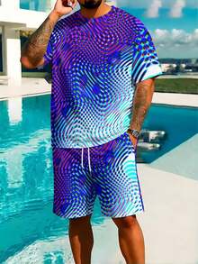 Two-Piece, Dynamic And Attractive, Knitted Fabric, Rich Vision, Men's Casual Gathering, Summer Casual Gathering, Blue And Purple Colorful Ripple, Men's Short-Sleeve Beach Pants Set - 彩色 - 查看 2