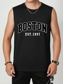 Men's Minimalist Printed Sleeveless Tank Top, Suitable For Everyday Wear - Black - View 2