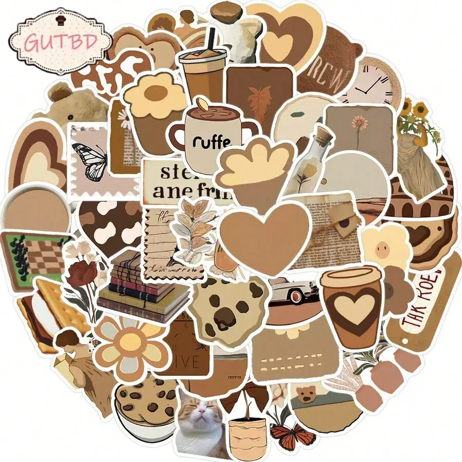 50 Piezas de Pegatinas Vintage Estéticas Marrones, Calcomanías Decorativas DIY Creativas de Dibujos Animados para Diarios, Agendas y Tabletas - 50 piezas - Ver 1