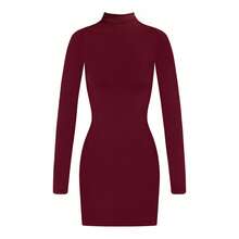 Vuslat Women's Spring Fashion Elegant Minimalist Turtleneck Fitted Short Mini Dress, Spring Apparel, Valentine's Day Outfit, Wedding Guest Dress, Casual Dress, Red Dress - Burgundy - View 7