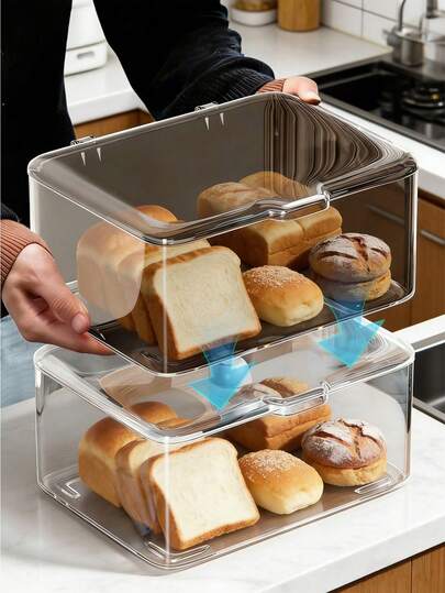 1 pieza Caja de almacenamiento de pan de PET transparente, tapa abatible sellada, a prueba de humedad y polvo, buena conservación de la frescura, adecuada para el almacenamiento en el mostrador de la cocina, conservación de alimentos, se puede usar para almacenar productos horneados, pasteles, galletas, bagels, croissants, pan, etc.