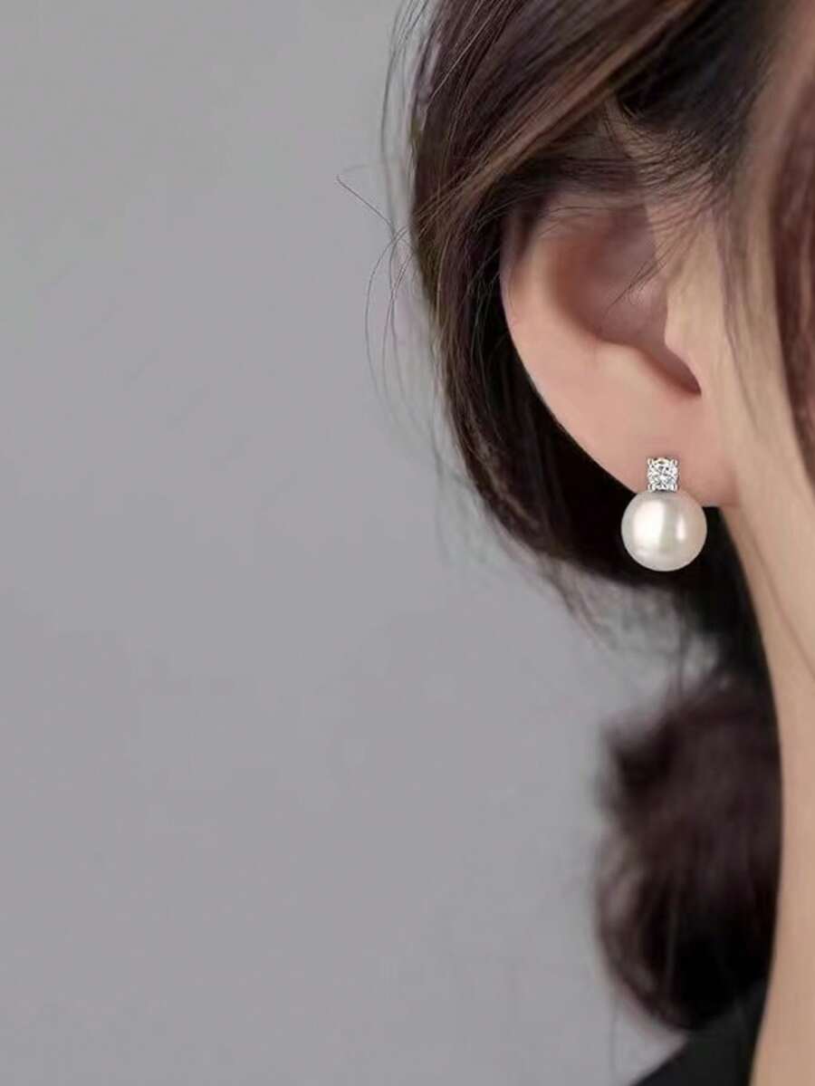 1 Pair Handmade Pearl Earrings, Button Pearl Earrings, Bridal Wedding, Birthday Gift For Women - Silver - View 1