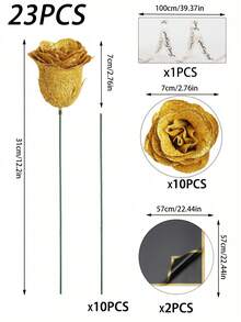 68/45/23 闪亮金玫瑰花束，DIY 闪光玫瑰花束，人造玫瑰花束，适合情人节、房间装饰、仿真花、玫瑰花束配白色满天星、假花、新娘捧花、订婚派对、婴儿派对装饰 - 金色 - 查看 12
