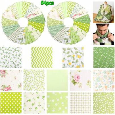 84pcs 5-Inch Pre-Cut Patchwork Fabric Squares, 100% Polyester Floral Patchwork Fabric For Sewing, DIY Crafts, Quilt Making, Light Green