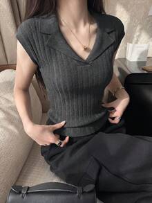 Summer New Old Money Style V-Neck Notched Collar Ribbed Knit Top – Slim Fit Ice Silk Blouse For Women - Dark Grey - View 3