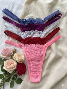 Set Of 5 Lace Thong Panties With Adjustable Straps. - Multicolor - View 8