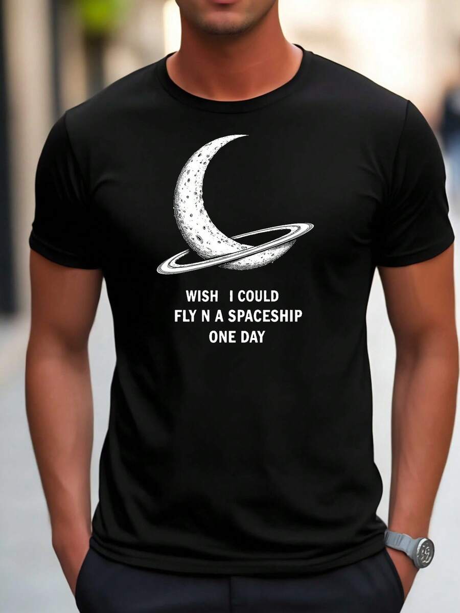 Camiseta Gráfica con Temática Espacial para Hombre, 48% Algodón - Tejido Transpirable de Micro-Elástico. Camiseta casual de verano de corte regular con estampado de luna creciente; para estampado de anillos. Lavable aáquina. Camisa de ajuste cómodo. Camiseta de cuello redondo. Camisa de Tela Elástica - Negro - Ver 1