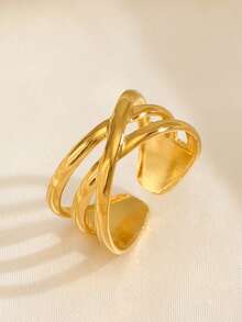 1pc 18K Gold Plated Stainless Steel Geometric Line Design Open Ring, Suitable For Women's Daily Wear - Gold - View 5