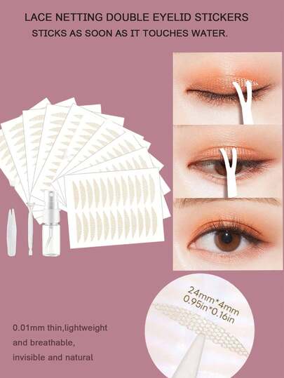 240 Pcs Double Eyelid Tape, Eyelid Lifting Strips Face Lifting Tape Natural Breathable Lace Eye Lid Sticker With Fork Rods Tweezers And Spray Bottle - 10 Sheets