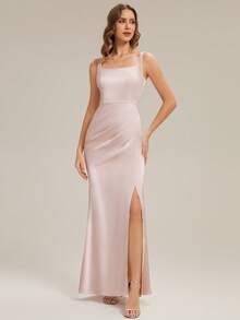 EVERPRETTY 新款优雅粉色连衣裙，缎面闪亮伴娘礼服，婚礼宾客礼服，露背鸡尾酒会礼服，配有DIY系带装饰，柔软高开衩设计，适合婚礼、节日派对、正式晚宴、生日聚会等场合。 - 粉色 - 查看 7