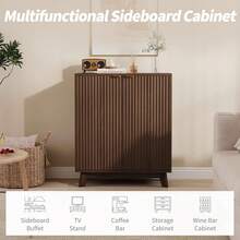 clóset Buffet con Almacenamiento, Moderno Acento Estriado Credenza con Puertas y estantes Ajustables, Mesa de Consola de Bar de café de Madera de 31.5 Pulgadas para Sala de Estar, Comedor, Cocina - Nuez - Ver 3