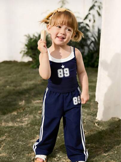 2pcs Girls Casual Fashion Set, Digital Print Sleeveless Top With Striped Side Pants, Suitable For Summer Outdoor, Daily Gathering, Travel And Other Occasions
