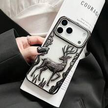 1pc Fashionable Electroplated 3D Rhinestone Deer Design Shockproof Phone Case Compatible With Apple 17 Pro Max, 16, 15, 14, 13, 12, 11 Series - Silver - View 2