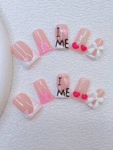 10 Stücke Y2K Nägel Schicke Entenschnabel Aufklebe-Nägel Set - Handgefertigt, rosa Nägel, weiße Nägel, weiße French Tip Nägel, handgemachte 3D Kirsche Nagelkunst, handgemalter rosa Streifen und rosa Liebes Muster Design, süße handgemalte Nägel, weiße Schleife Dekoration, zarte anmutige Nägel - geeignet für Frauen und Mädchen, Party Handgemachte Aufklebe-Nägel - Verschiedenfarbig - Übersicht 12