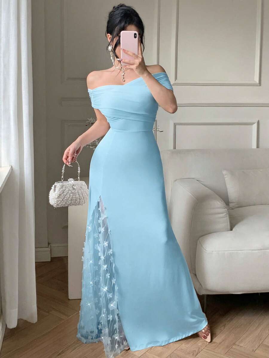 abyoxi Đầm maxi nữ màu xanh nhạt gợi cảm, hở vai, sang trọng với họa tiết hoa 3D, thanh lịch và lãng mạn, thích hợp cho mùa tựu trường, ngày Valentine, mùa xuân và mùa hè. - xanh nhạt - Xem 1