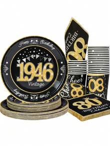 80pcs/Set 80th Birthday Party Supplies, Vintage 1946 Theme Tableware, Plates, Napkins, Cups, Black & Gold Color, Unisex - 1946 - View 4