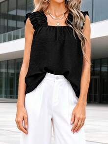 Women's Summer Tank Tops Fashionable Dot Sleeveless Square Neck Loose Fit Ruffled Vest For Daily Wear - Black - View 2