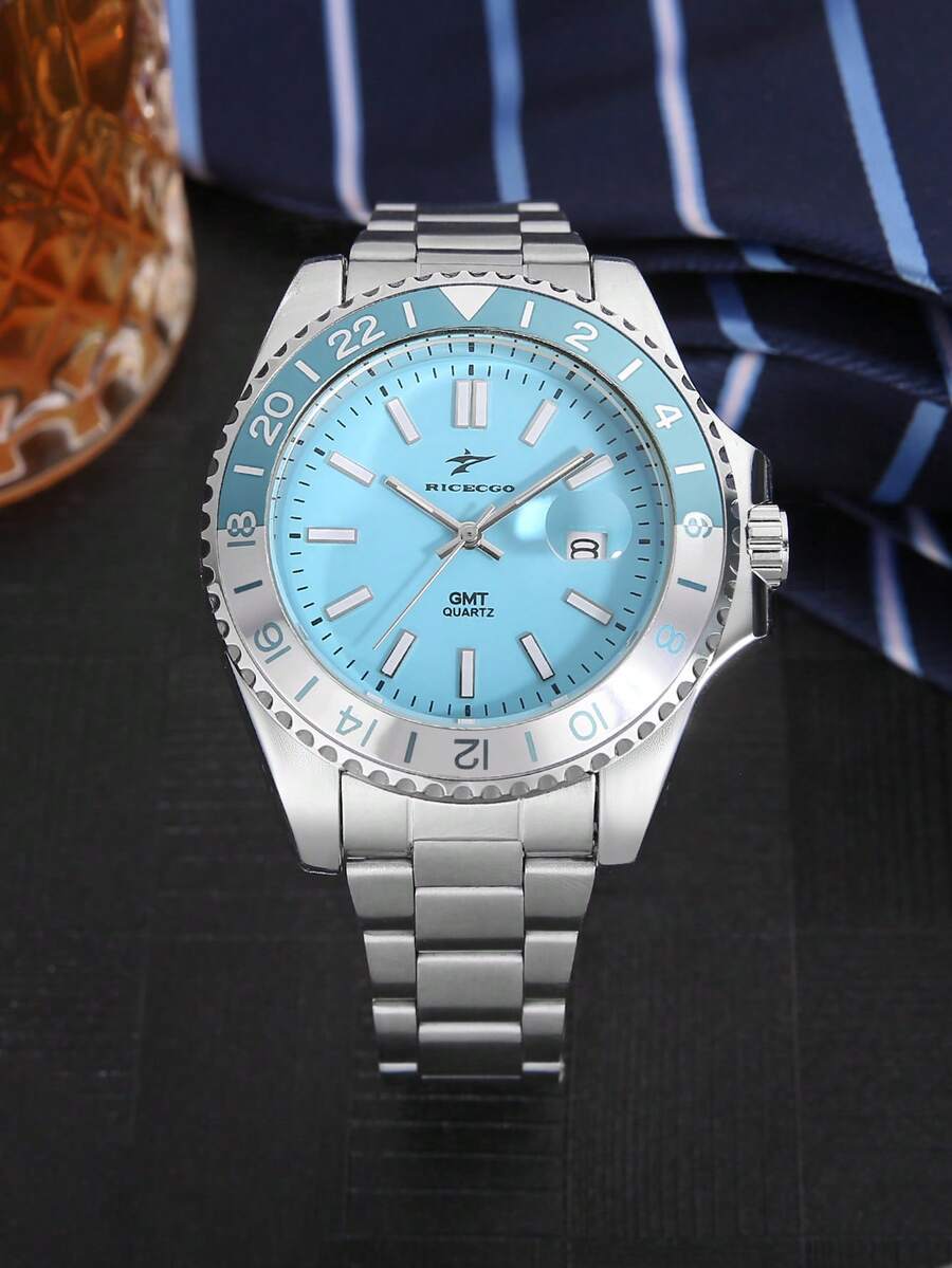 RICECGO 1pc Men's Business Quartz Watch, Featuring Dual-Tone Bezel And Classic Stainless Steel Strap, Suitable For Business And Daily Wear - Silver - View 1