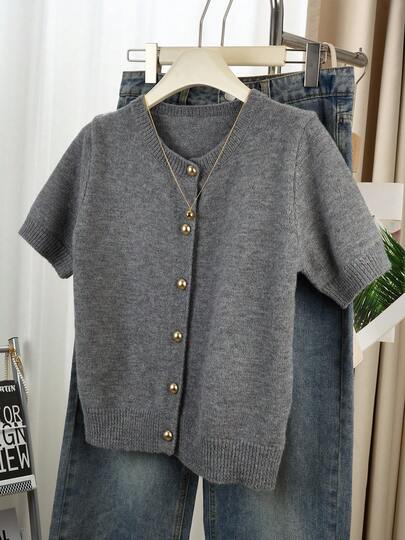 Women's Gray Button Cardigan - Casual Fashionable Short Sleeve Cardigan, Stretchy, H-Shaped Silhouette, Suitable For Spring And Summer, Ribbed Detail Design, Button Closure, Breathable Fabric, Cardigan Style, Essential Spring/Summer Item