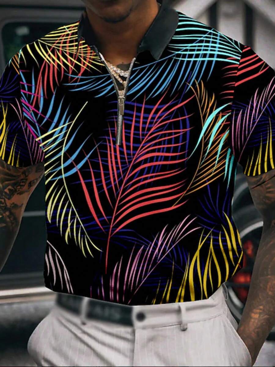 Áo polo nam tay ngắn có khóa kéo họa tiết thực vật - Nhiều màu - Xem 1
