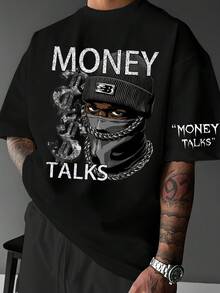 Camiseta con Estampado de Personajes, Camiseta de Moda Juvenil, Ropa de Verano para Hombre, Camiseta de Cuello Redondo con Hombros Ligeramente Caídos - Transpirable - Negro - Ver 1