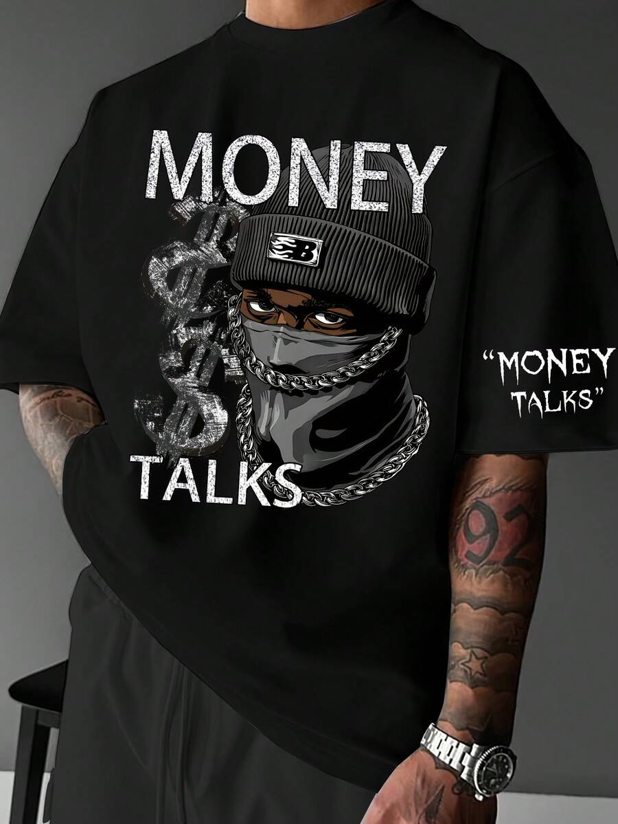 Camiseta con Estampado de Personajes, Camiseta de Moda Juvenil, Ropa de Verano para Hombre, Camiseta de Cuello Redondo con Hombros Ligeramente Caídos - Transpirable - Negro - Ver 1