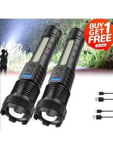 Buy 1 Get 1 Free, Total Of 2pcs High Lumens Rechargeable Led Battery Powered With 6 Modes Multifunctional Flashlights, Cob Side Light, USB C, Zoomable, Powerful Handheld Flash Lights Perfect For Emergency Power Outage - màu đen - Xem 2