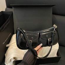 Double Pocket Buckle Decor Baguette Bag | Y2K Vintage Shoulder Bag For Women | Minimalist Underarm Bag - 白色 - 查看 9