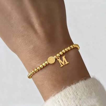 1pc Simple Fashion Initial Round Jesus Cross Double-Sided Pattern Golden Beaded Bracelets For Women